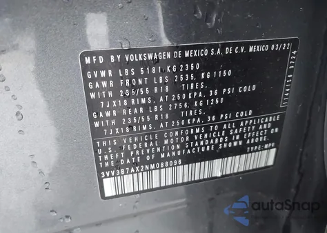 2022 Volkswagen Tiguan 2.0T Se from USA, damaged, VIN 3VV3B7AX2NM088096